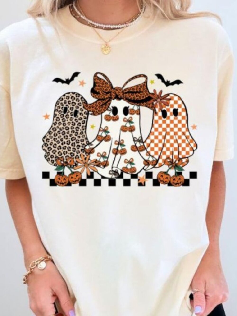 Halloween Ghost T-Shirt, Coquette Leopard Checkered Ghost Cute Tee